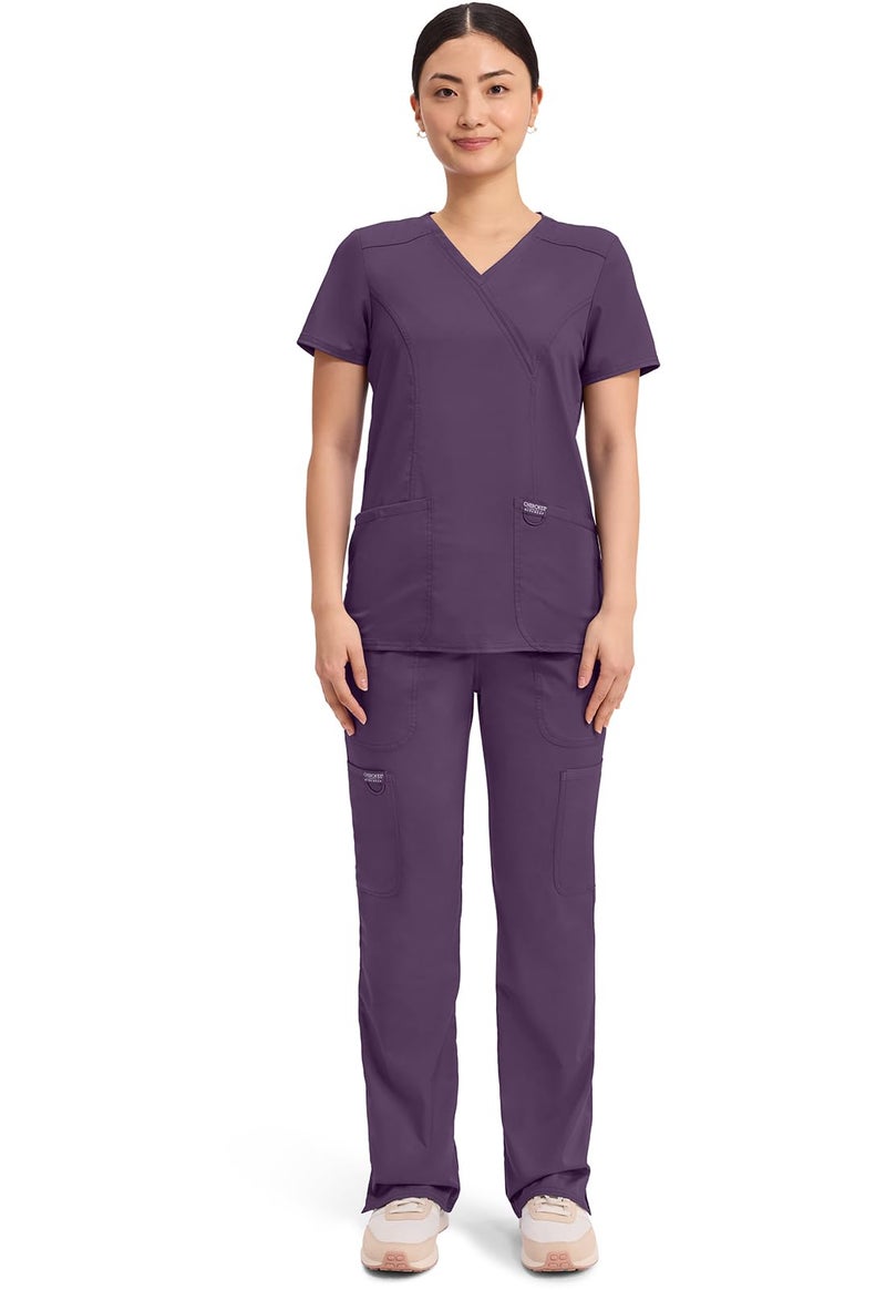 Cherokee Scrubs Top for Women Mock Wrap with 3 Pockets, Soft, 2-Way Stretch & Durable Fabric - WW610, XS, Eggplant - Image 5